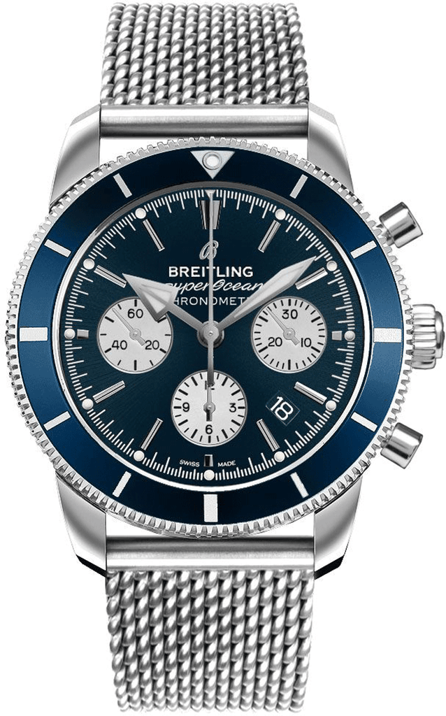 Breitling Superocean Heritage B01 Chronograph 44 Blue Dial Silver Mesh Bracelet Watch for Men - AB0162161C1A1 Buy Now By Breitling