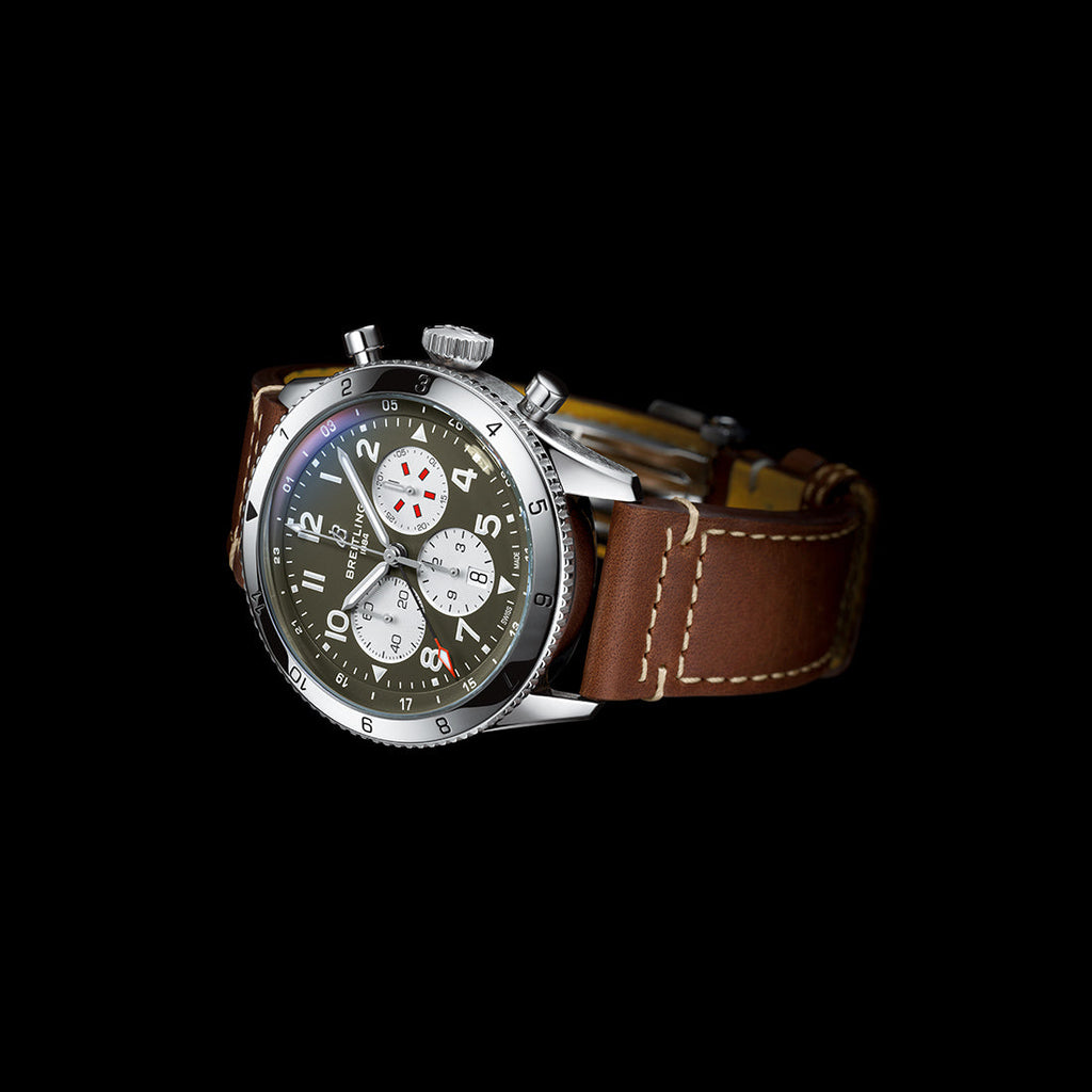 Breitling Super Avi B04 Chronograph GMT 46 Curtiss Warhawk Green Dial Brown Leather Strap Watch for Men - AB04452A1L1X1 Buy Now By Breitling