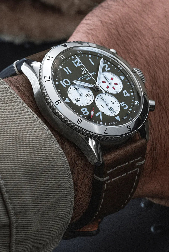 Breitling Super Avi B04 Chronograph GMT 46 Curtiss Warhawk Green Dial Brown Leather Strap Watch for Men - AB04452A1L1X1 Buy Now By Breitling