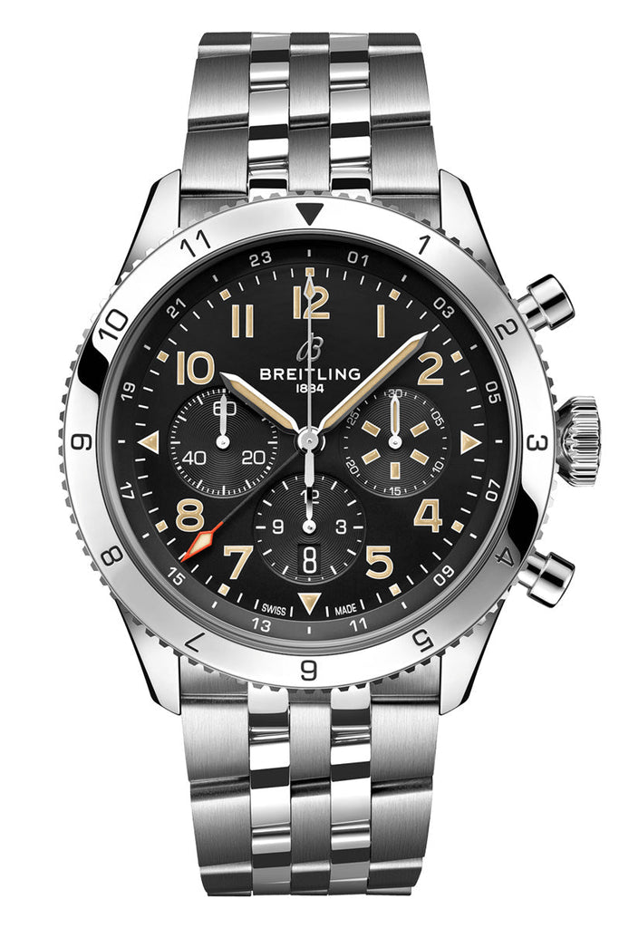 Breitling Super Avi B04 Chronograph GMT 46 P-51 Mustang Black Dial Silver Steel Strap Watch for Men - AB04453A1B1A1 Buy Now By Breitling