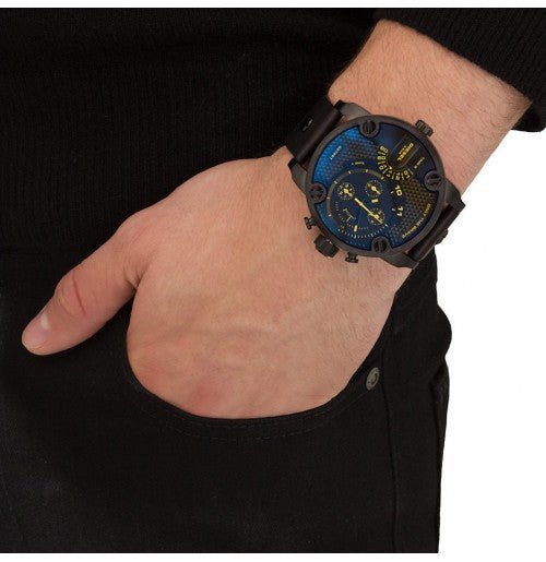 Diesel Little Daddy Blue Dial Black Leather Strap Watch For Men - DZ7257 Buy Now By Diesel