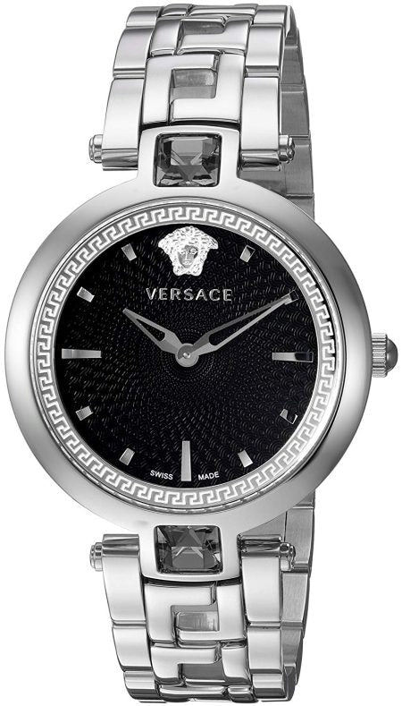 Versace Crystal Gleam Guilloche Black Dial Silver Steel Strap Watch for Women - VAN030016 Buy Now By Versace