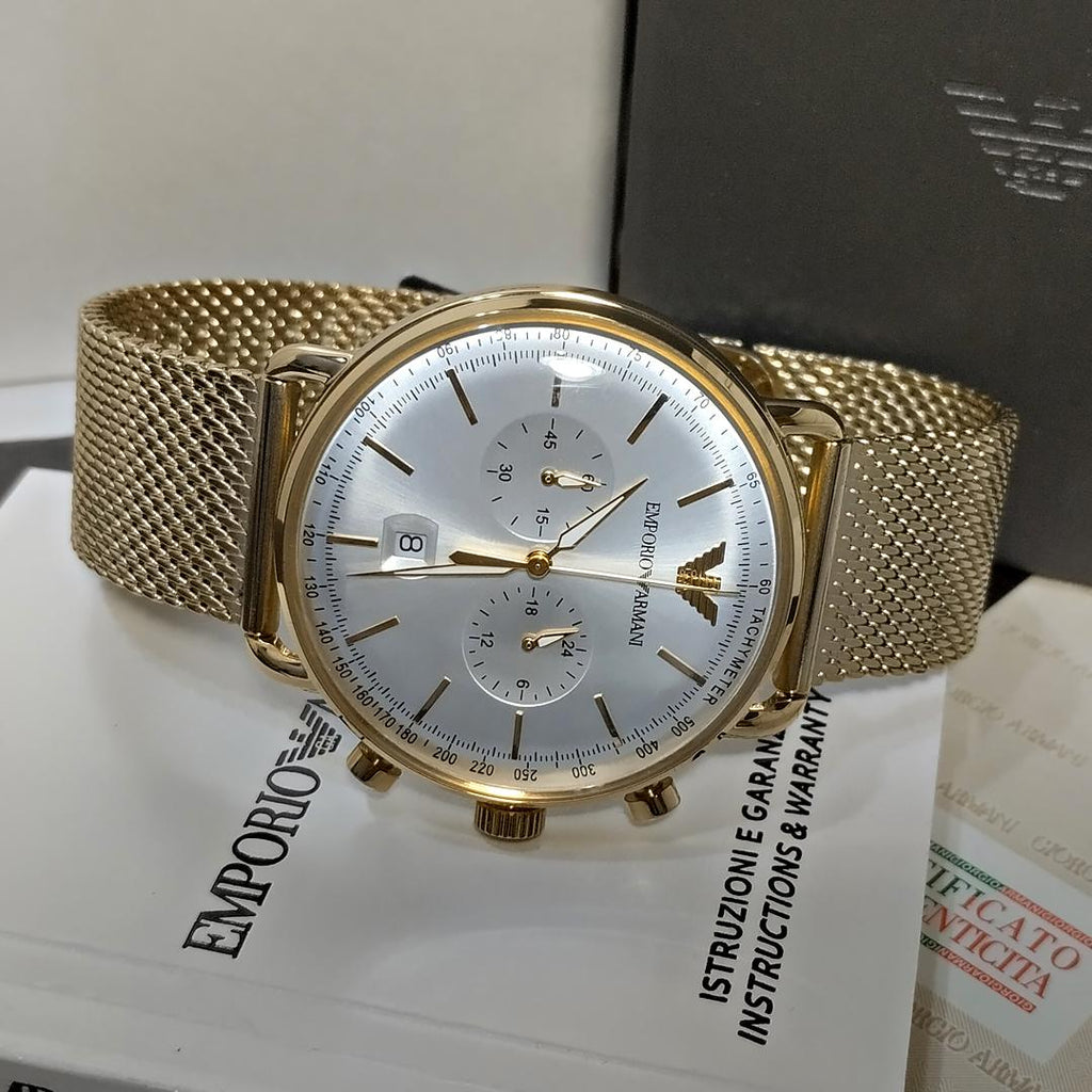 Emporio Armani Aviator Chronograph Quartz Beige Dial Gold Mesh Bracelet Watch For Men - AR11315 Buy Now By Emporio Armani