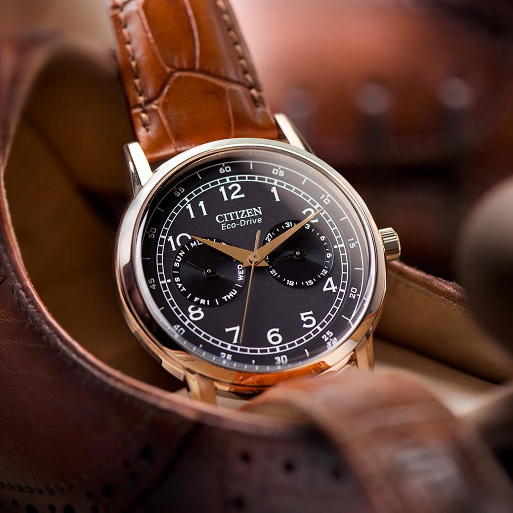 Citizen Eco Drive Multi Function Day & Date Black Dial Brown Leather Strap Watch For Men - AO9003-08E Buy Now By Citizen