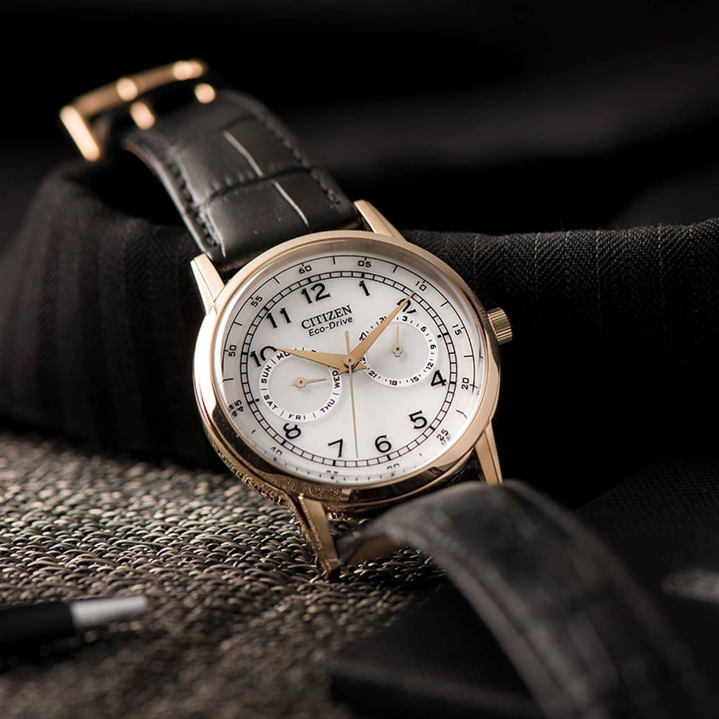 Citizen Watch Eco Drive Day & Date White Dial Black Leather Strap Watch For Men - AO9003-16A Buy Now By Citizen