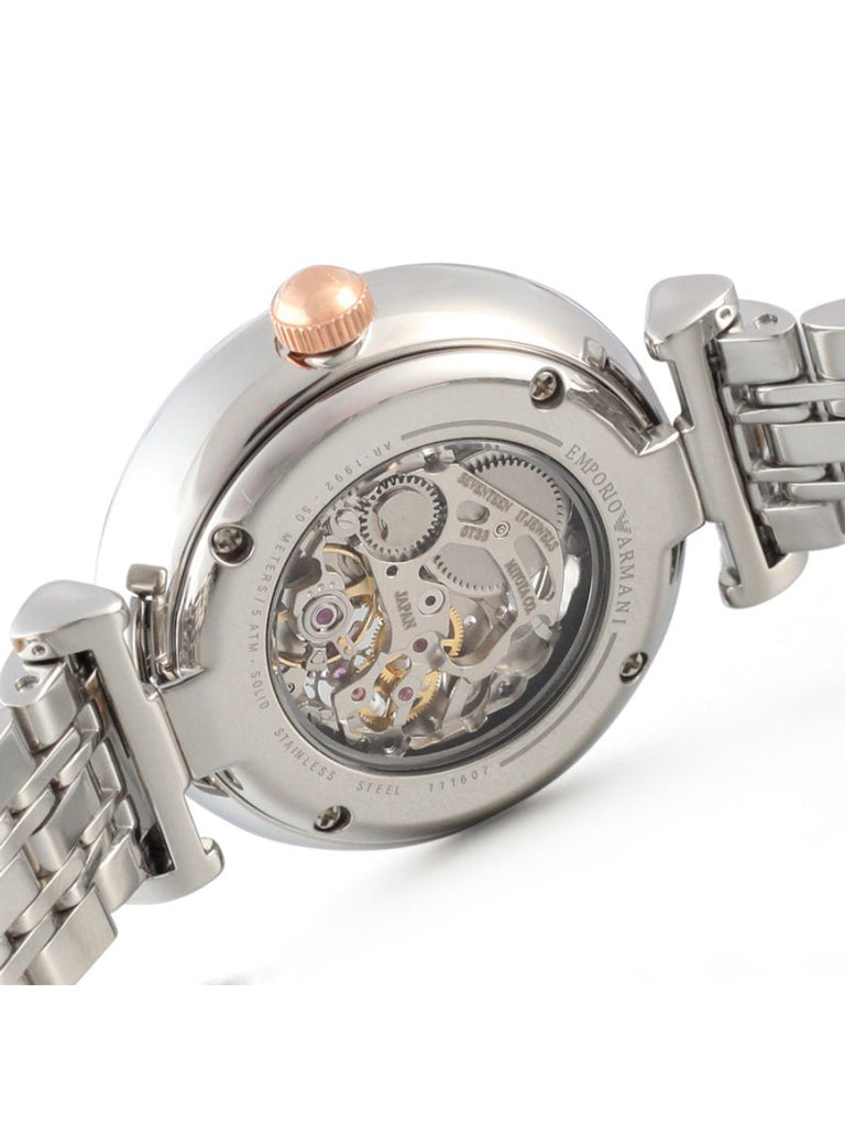 Emporio Armani Gianni T Bar Silver Skeleton Dial Two Tone Strap Watch For Women - AR1992 Buy Now By Emporio Armani