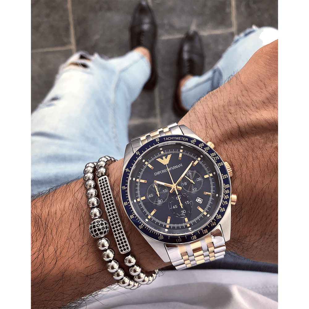 Emporio Armani Tazio Chronograph Blue Dial Gold & Silver Stainless Steel Strap Watch For Men - AR8030 Buy Now By Emporio Armani