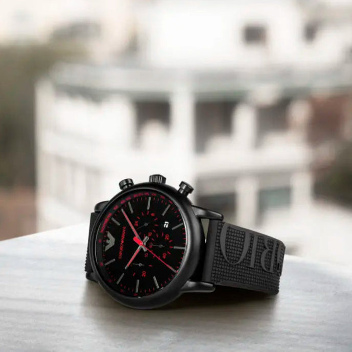 Emporio Armani Luigi Chronograph Black Dial Black Rubber Strap Watch For Men - AR11024 Buy Now By Emporio Armani