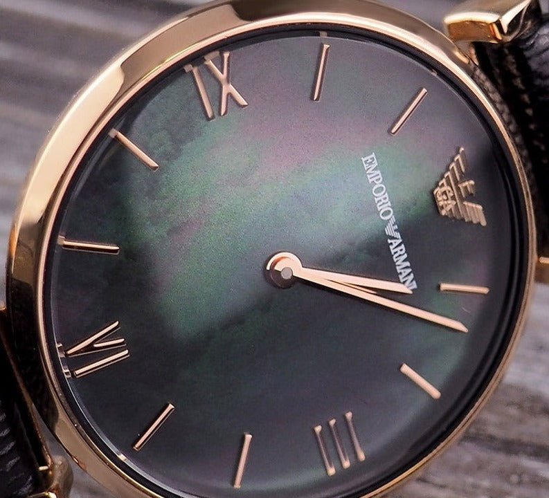 Emporio Armani Gianni T Bar Black Mother of Pearl Dial Black Leather Strap Watch For Women - AR11060 Buy Now By Emporio Armani