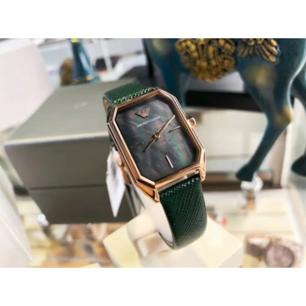 Emporio Armani Gioia Analog Black Mother of Pearl Dial Green Leather Strap Watch For Women - AR11149