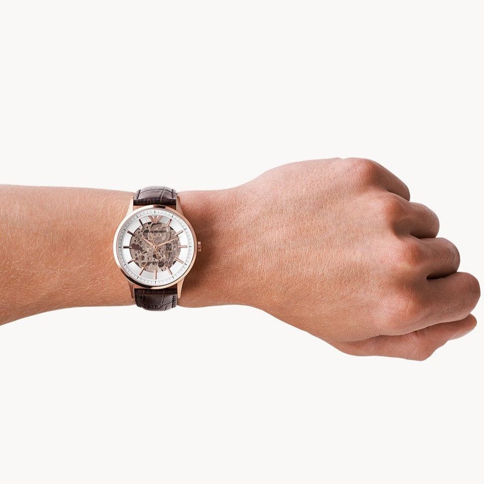 Emporio Armani Meccanico Automatic Silver Dial Brown Leather Strap Watch For Men - AR60039 Buy Now By Emporio Armani