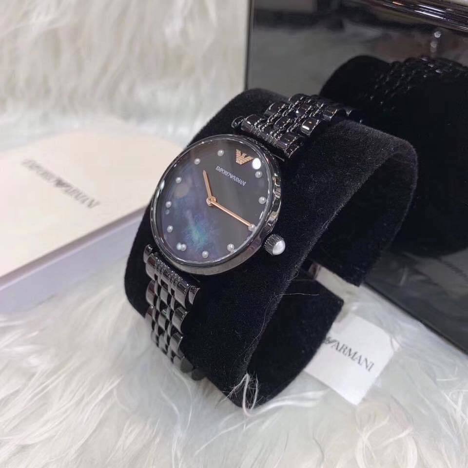 Emporio Armani Gianni T-Bar Quartz Black Mother of Pearl Dial Black Steel Strap Watch For Women - AR11268 Buy Now By Emporio Armani