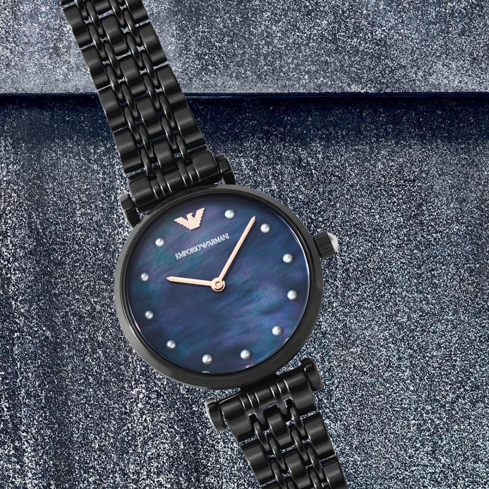 Emporio Armani Gianni T-Bar Quartz Black Mother of Pearl Dial Black Steel Strap Watch For Women - AR11268 Buy Now By Emporio Armani