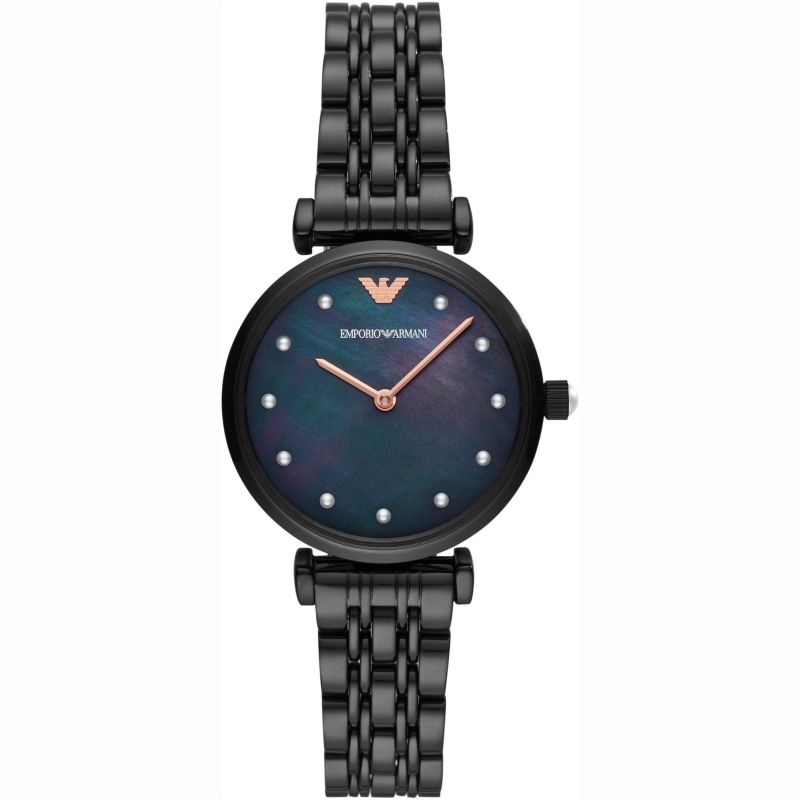 Emporio Armani Gianni T-Bar Quartz Black Mother of Pearl Dial Black Steel Strap Watch For Women - AR11268 Buy Now By Emporio Armani