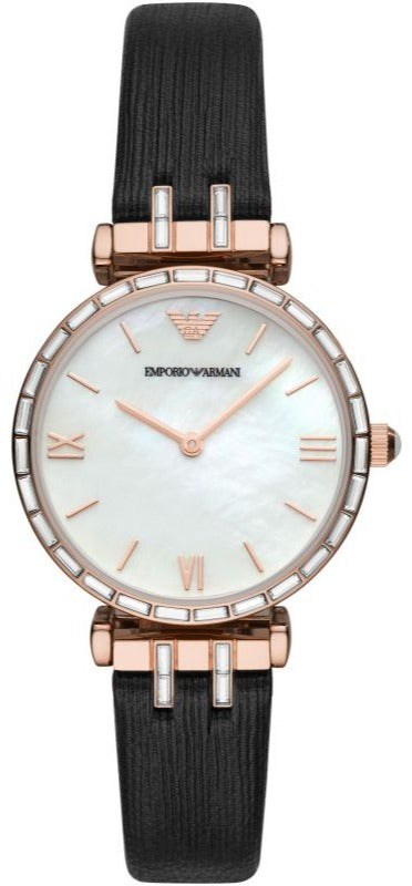Emporio Armani Gianni T-Bar Mother of Pearl Dial Black Leather Strap Watch For Women - AR11295 Buy Now By Emporio Armani