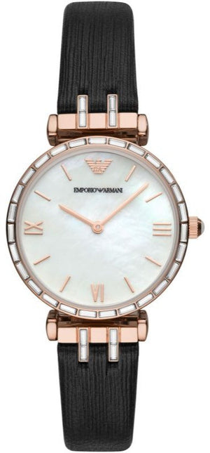 Emporio Armani Gianni T-Bar Mother of Pearl Dial Black Leather Strap Watch For Women - AR11295 Buy Now By Emporio Armani