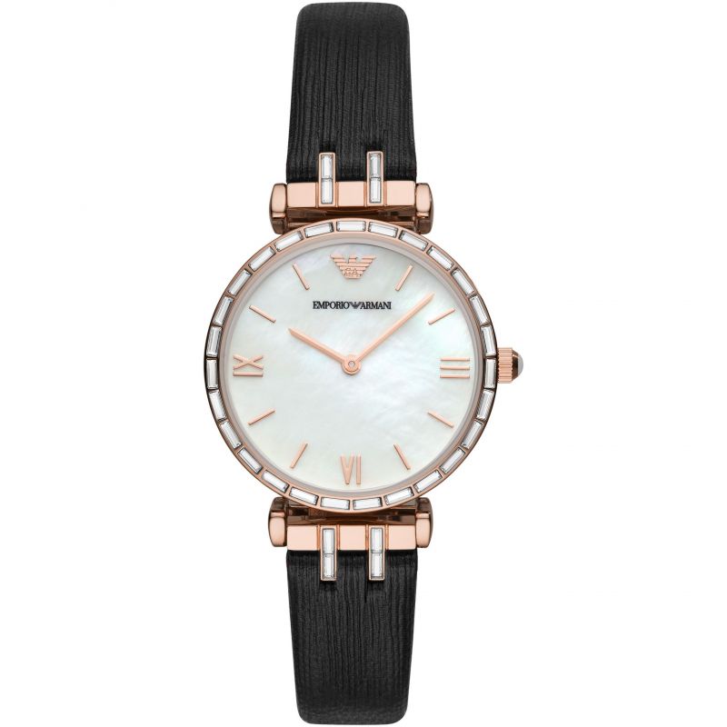 Emporio Armani Gianni T-Bar Mother of Pearl Dial Black Leather Strap Watch For Women - AR11295 Buy Now By Emporio Armani