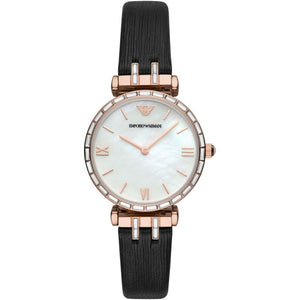 Emporio Armani Gianni T-Bar Mother of Pearl Dial Black Leather Strap Watch For Women - AR11295 Buy Now By Emporio Armani