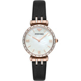 Emporio Armani Gianni T-Bar Mother of Pearl Dial Black Leather Strap Watch For Women - AR11295 Buy Now By Emporio Armani