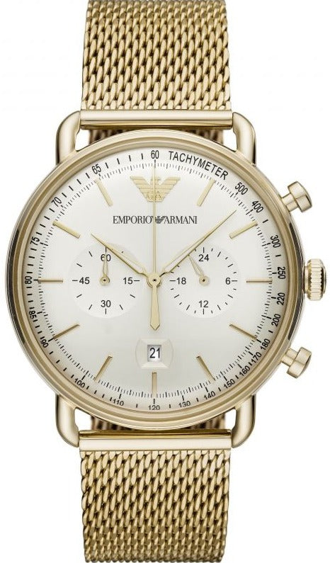 Emporio Armani Aviator Chronograph Quartz Beige Dial Gold Mesh Bracelet Watch For Men - AR11315 Buy Now By Emporio Armani