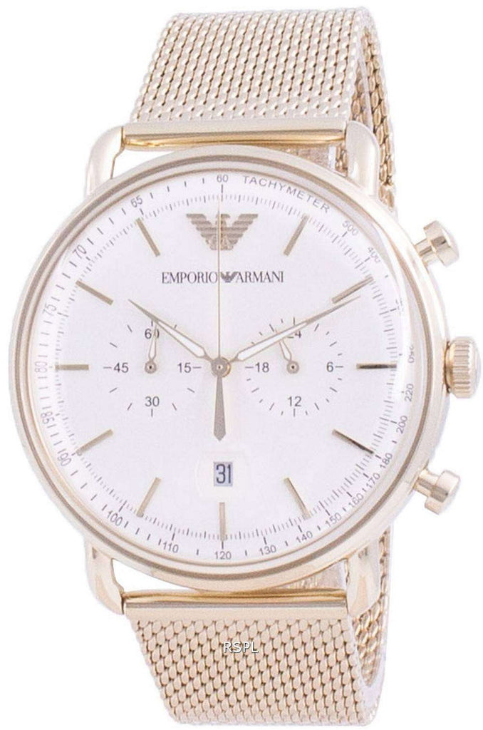 Emporio Armani Aviator Chronograph Quartz Beige Dial Gold Mesh Bracelet Watch For Men - AR11315 Buy Now By Emporio Armani
