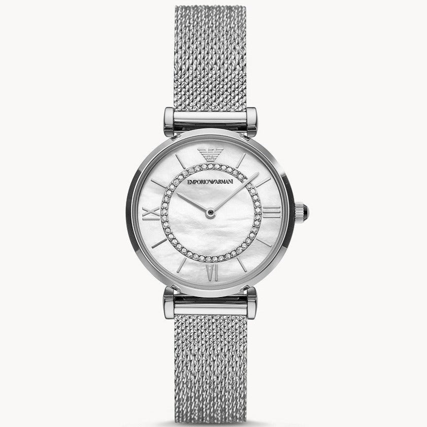 Emporio Armani Gianni T-Bar Quartz Mother of Pearl Dial Silver Mesh Bracelet Watch For Women - AR11319 Buy Now By Emporio Armani
