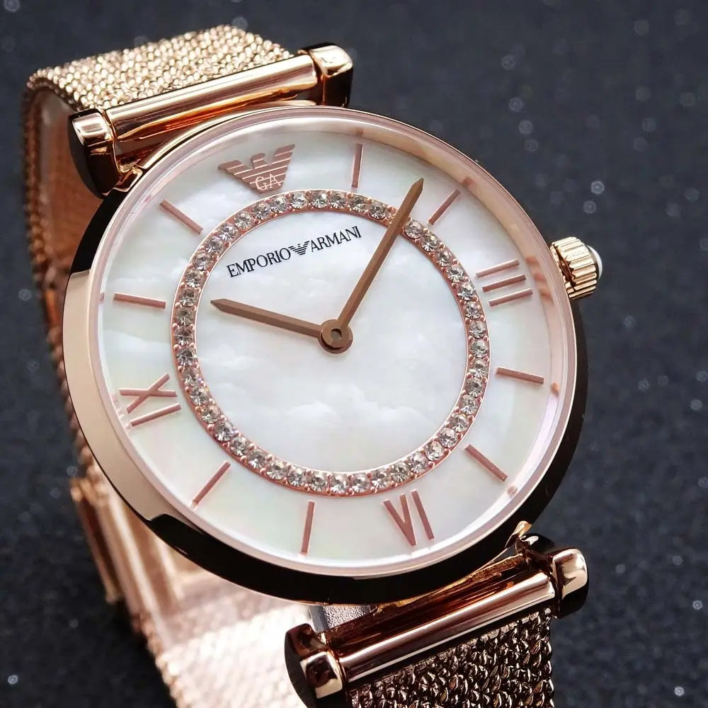 Emporio Armani Gianni T Bar Mother of Pearl Dial Rose Gold Mesh Bracelet Watch For Women - AR11320 Buy Now By Emporio Armani