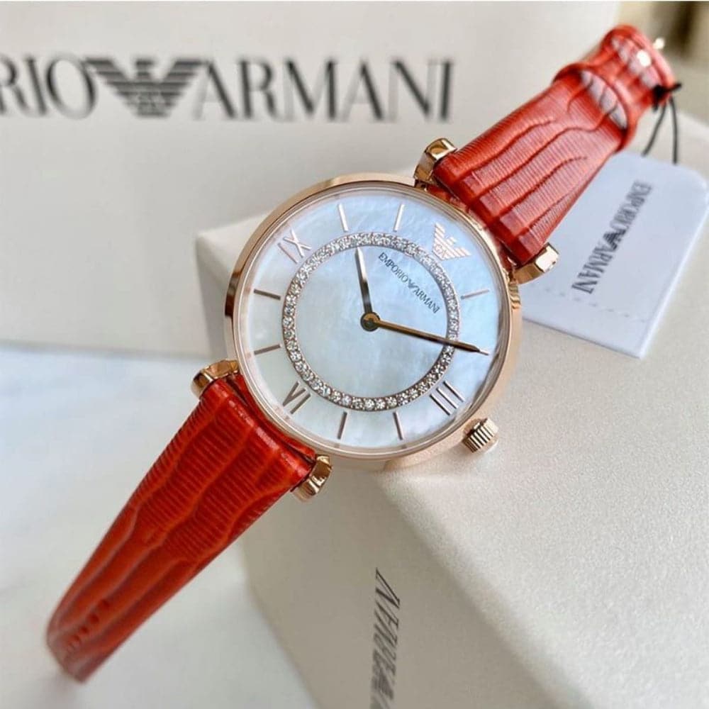 Emporio Armani Gianni T-Bar Analog Mother of Pearl Dial Red Leather Strap Watch For Women - AR11322 Buy Now By Emporio Armani