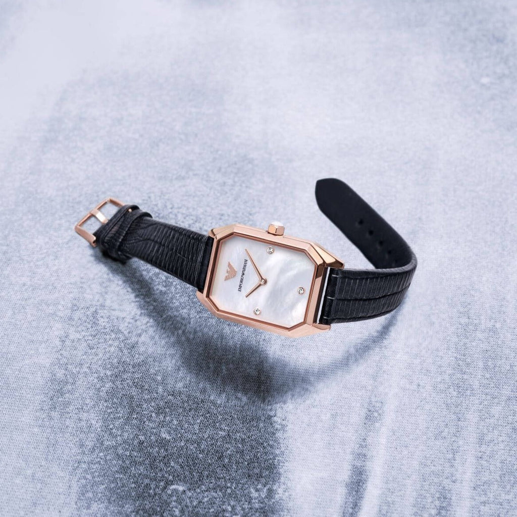 Emporio Armani Gioia Quartz Mother of Pearl Dial Black Leather Strap Watch For Women - AR11390 Buy Now By Emporio Armani