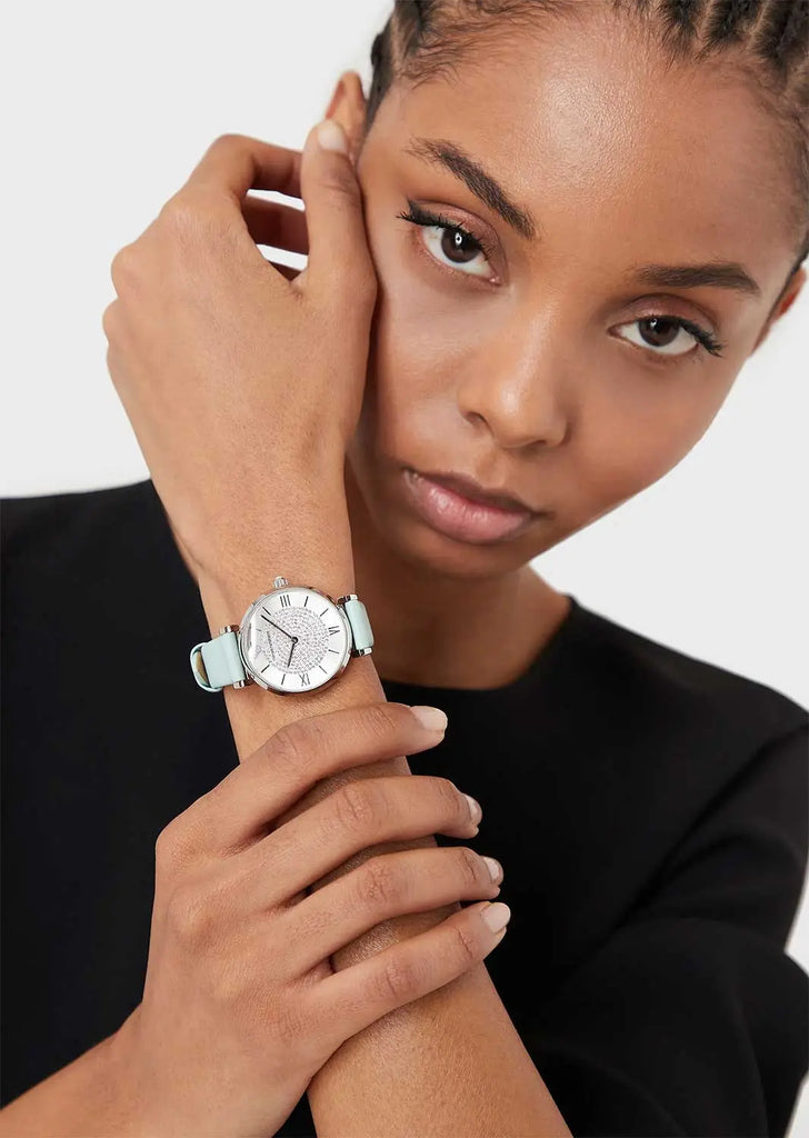 Emporio Armani Gianni T Bar Analog Crystals Silver Dial Blue Leather Strap Watch For Women - AR11443 Buy Now By Emporio Armani