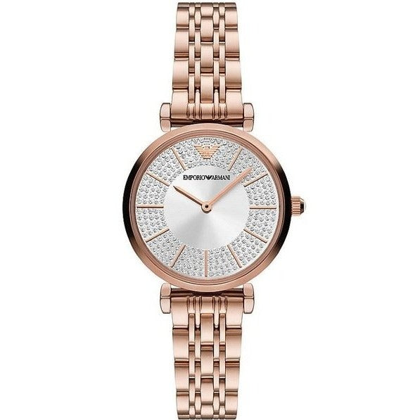 Emporio Armani Gianni T-Bar Crystals Silver Dial Rose Gold Steel Strap Watch For Women - AR11446 Buy Now By Emporio Armani