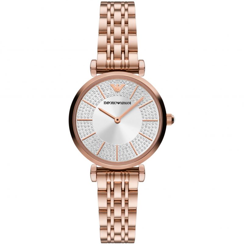 Emporio Armani Gianni T-Bar Crystals Silver Dial Rose Gold Steel Strap Watch For Women - AR11446 Buy Now By Emporio Armani