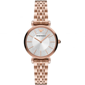 Emporio Armani Gianni T-Bar Crystals Silver Dial Rose Gold Steel Strap Watch For Women - AR11446 Buy Now By Emporio Armani