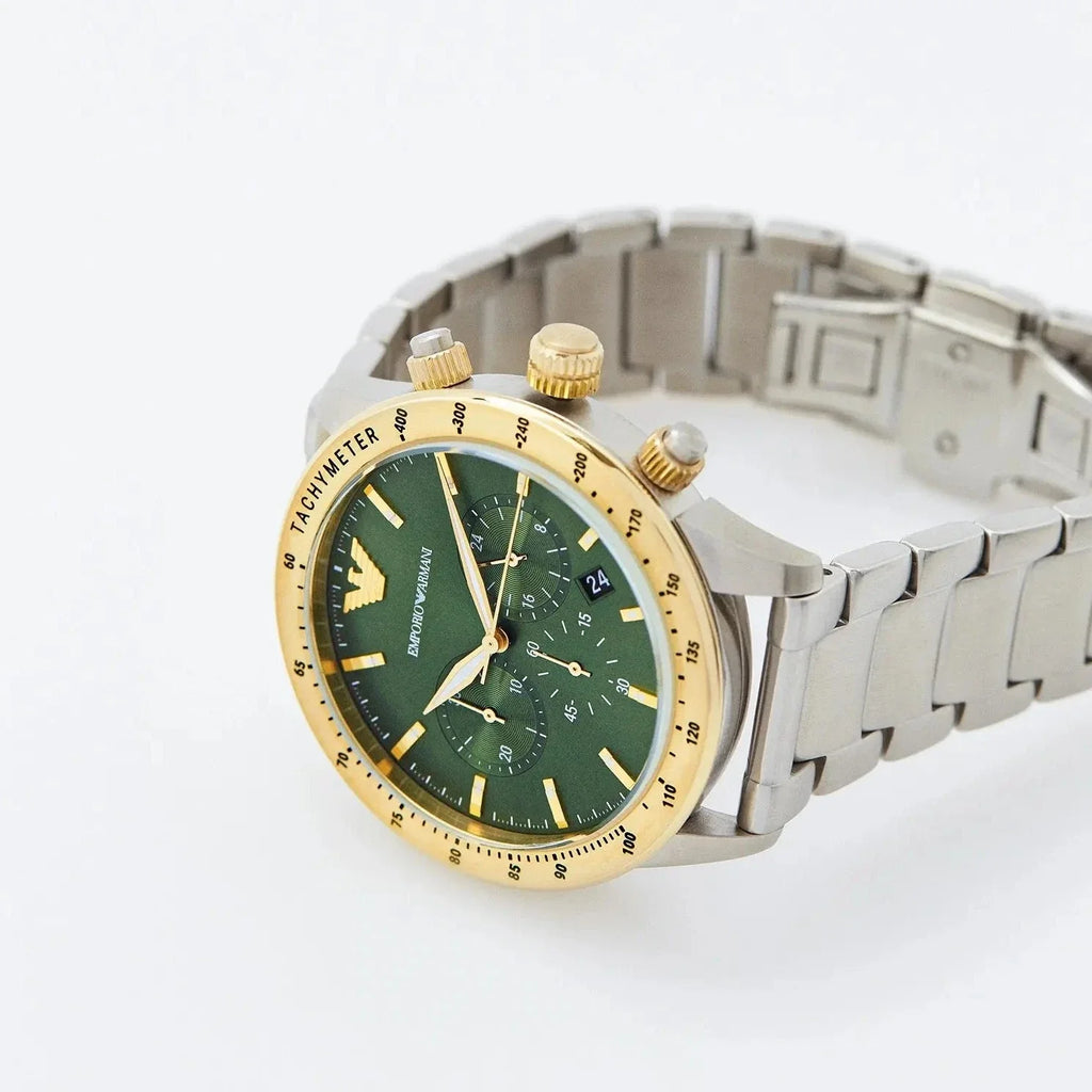 Emporio Armani Mario Chronograph Green Dial Silver Steel Strap Watch For Men - AR11454 Buy Now By Emporio Armani