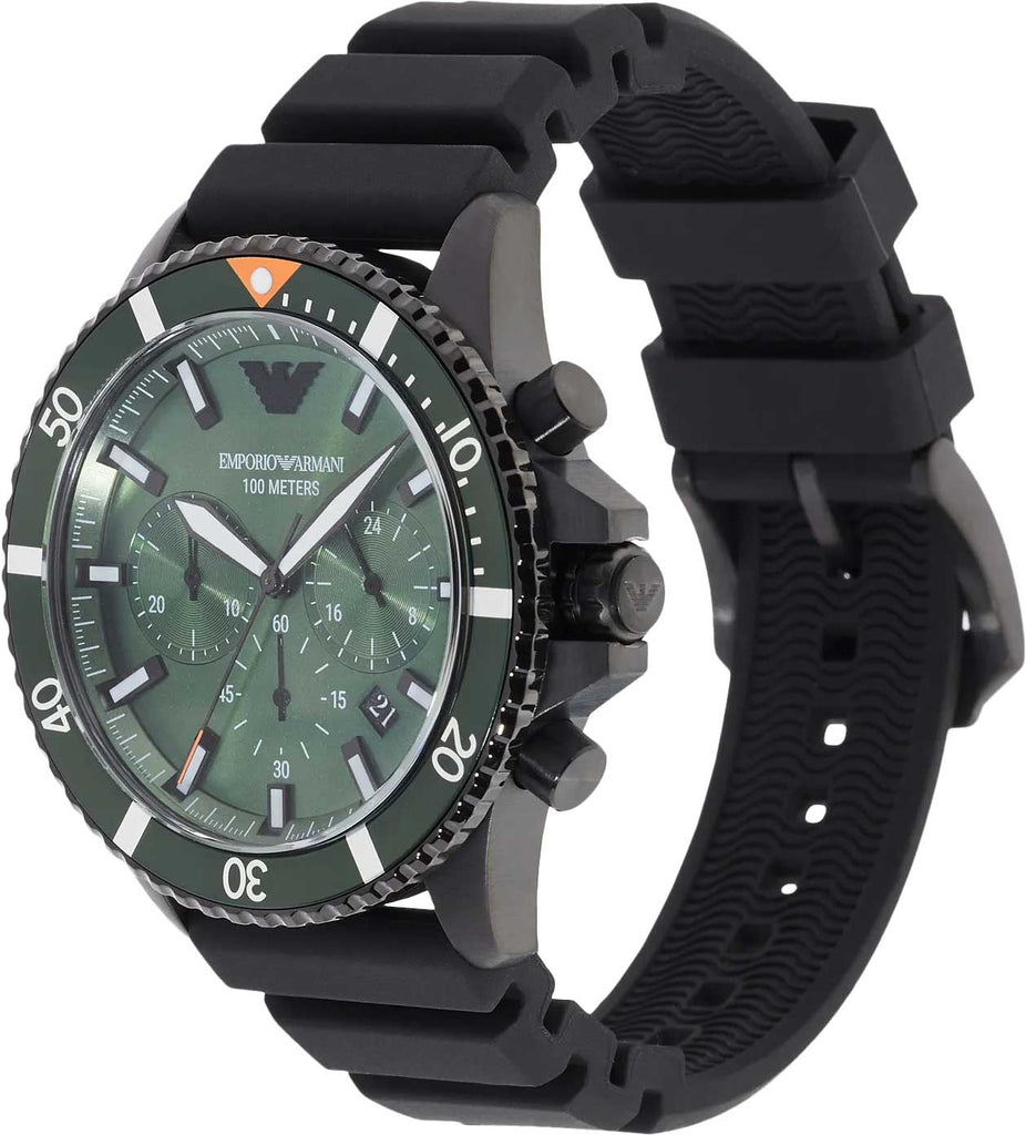 Emporio Armani Diver Chronograph Quartz Green Dial Black Silicon Strap Watch For Men - AR11463 Buy Now By Emporio Armani