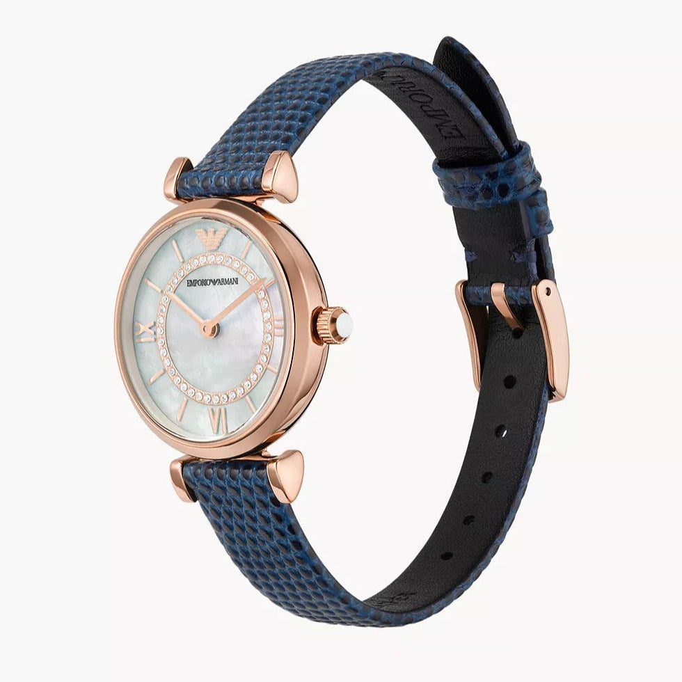 Emporio Armani Gianni T-Bar Analog Mother of Pearl Dial Blue Leather Strap Watch For Women - AR11468 Buy Now By Emporio Armani