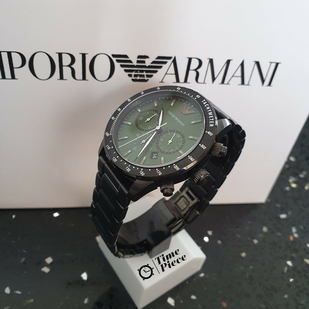 Emporio Armani Mario Chronograph Green Dial Black Steel Strap Watch For Men - AR11472 Buy Now By Emporio Armani