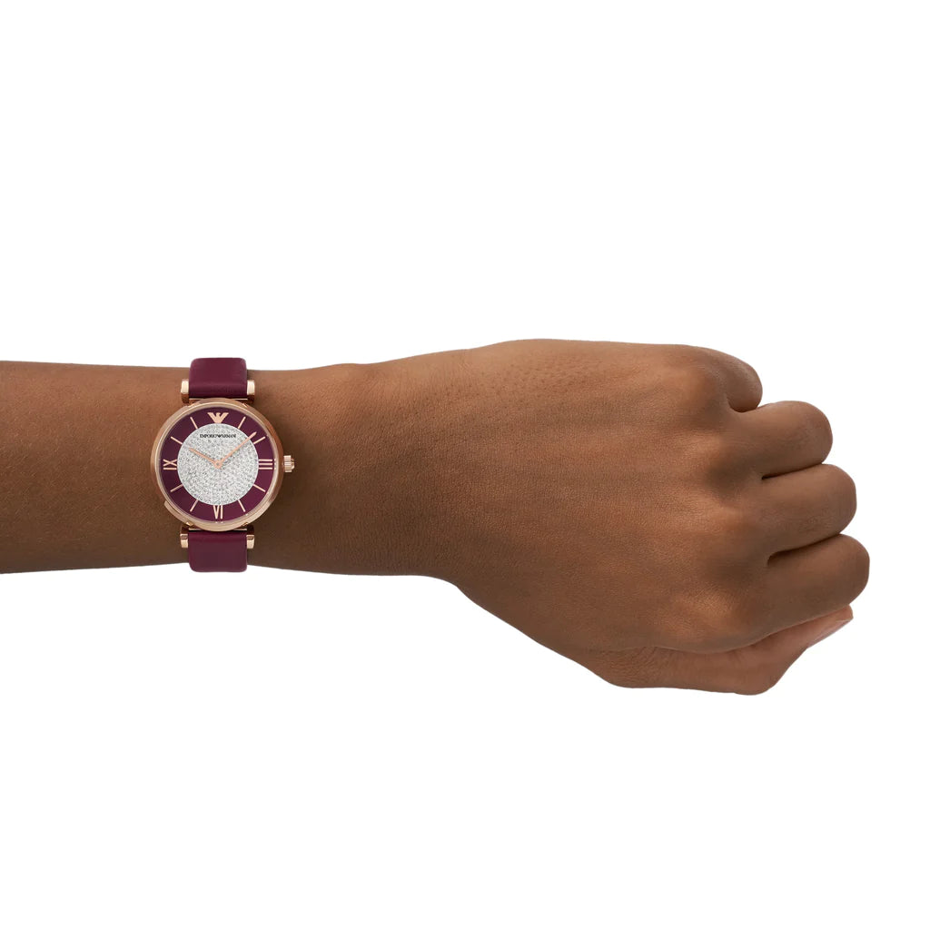 Emporio Armani Gianni T Bar Crystals Maroon Dial Maroon Leather Strap Watch for Women - AR11487 Buy Now By Emporio Armani