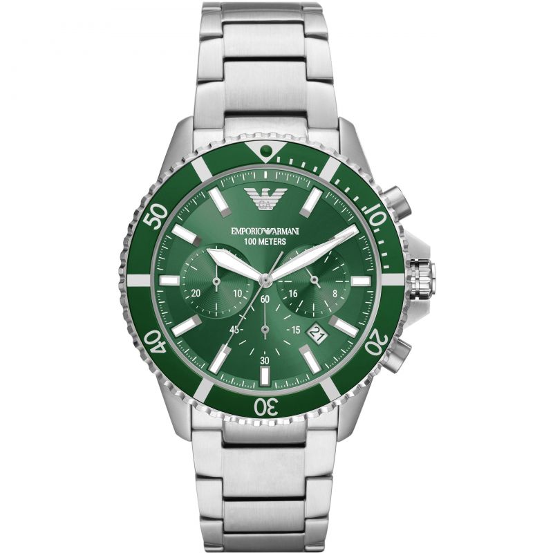 Emporio Armani Diver Chronograph Green Dial Silver Steel Strap Watch For Men - AR11500 Buy Now By Emporio Armani