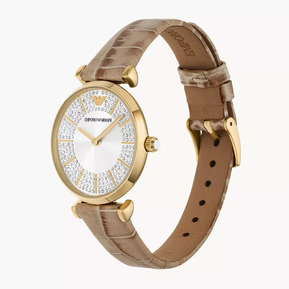 Emporio Armani Gianni T Bar Crystals Silver Dial Brown Leather Strap Watch For Women - AR11518 Buy Now By Emporio Armani