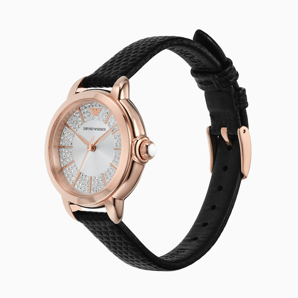 Emporio Armani Mia Three Hand Crystals Silver Dial Black Leather Strap Watch For Women - AR11631 Buy Now By Emporio Armani