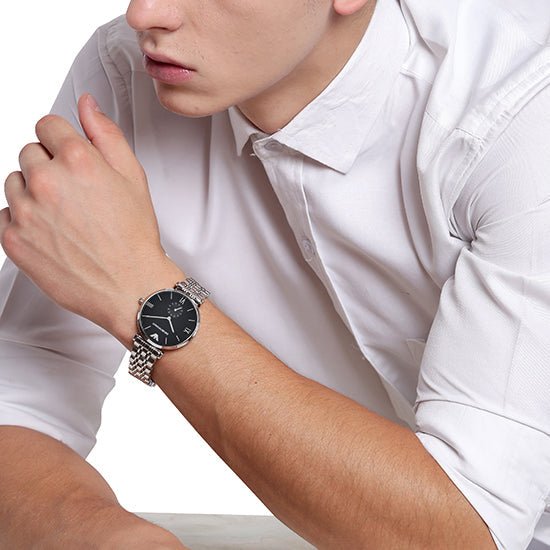 Emporio Armani Retro Black Dial Silver Steel Strap Watch For Men - AR1676 Buy Now By Emporio Armani