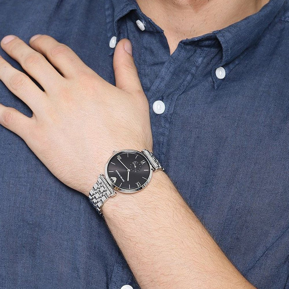 Emporio Armani Retro Black Dial Silver Steel Strap Watch For Men - AR1676 Buy Now By Emporio Armani