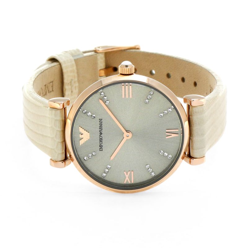 Emporio Armani Gianni T Bar Gunmetal Dial Beige Leather Strap Watch For Women - AR1681 Buy Now By Emporio Armani