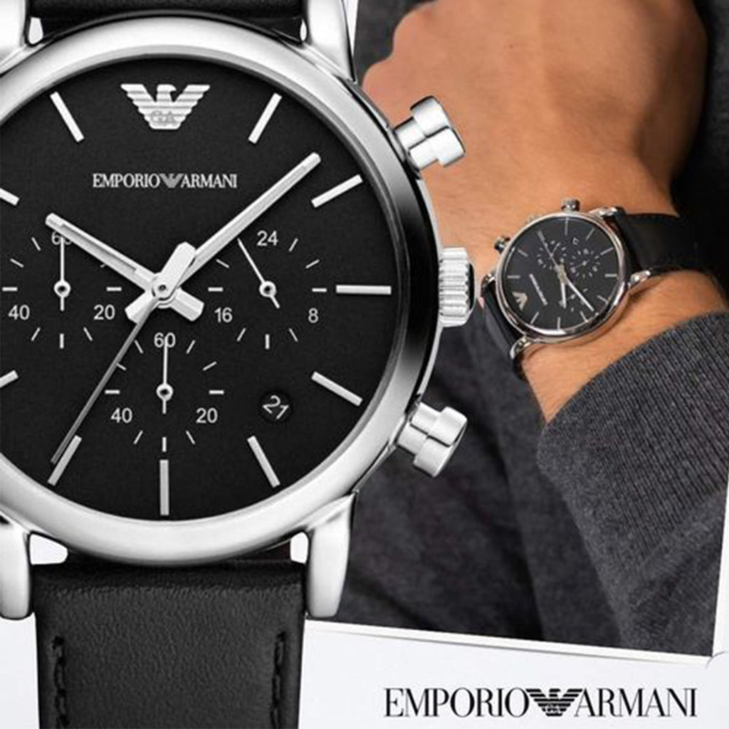 Emporio Armani Classic Chronograph Black Dial Black Leather Strap Watch For Men - AR1733 Buy Now By Emporio Armani