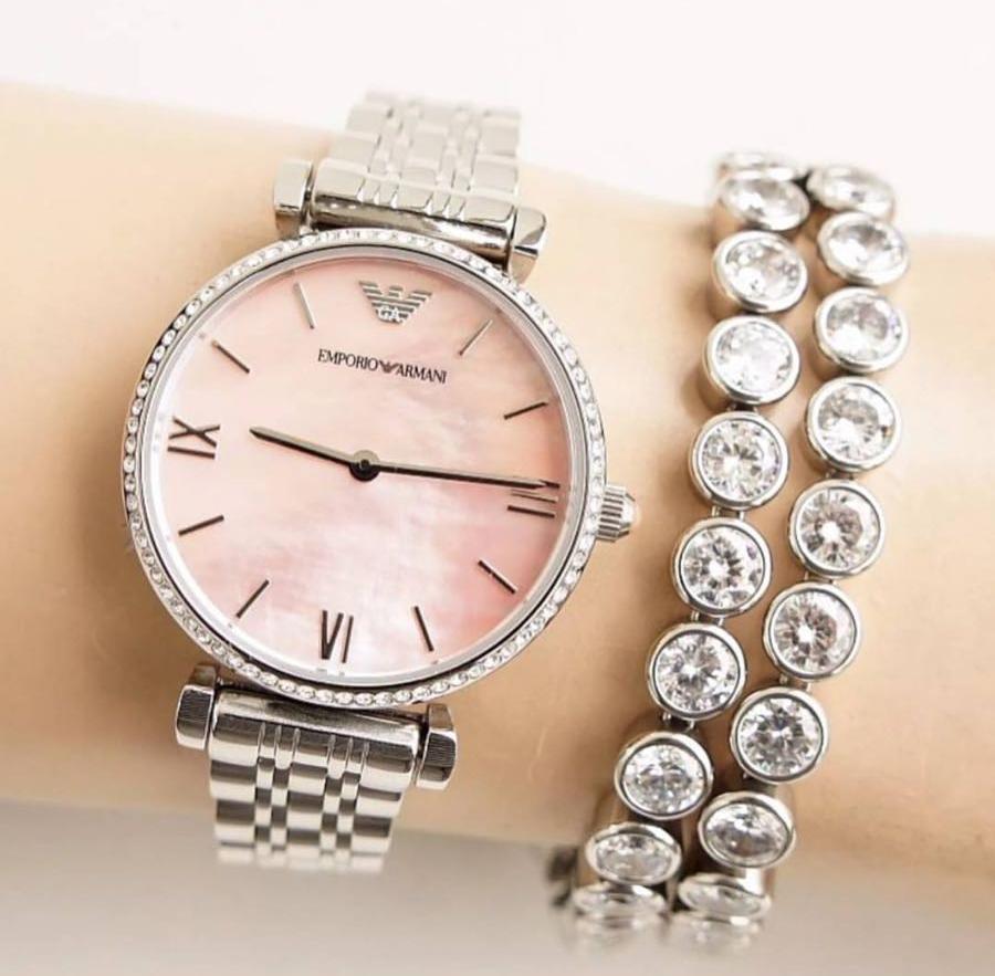 Emporio Armani Gianni T Bar Pink Mother of Pearl Dial Silver Steel Strap Watch For Women - AR1779 Buy Now By Emporio Armani
