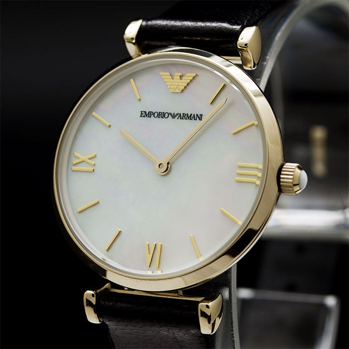 Emporio Armani Gianni T-Bar Quartz Mother of Pearl Dial Black Leather Strap Watch For Women - AR1910 Buy Now By Emporio Armani