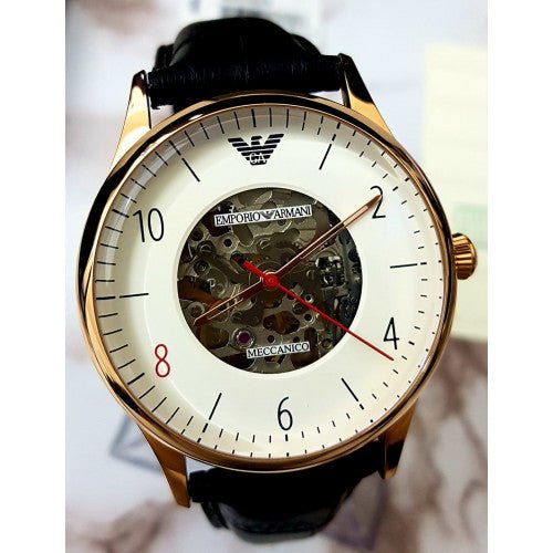 Emporio Armani Meccanico White Skeleton Dial Black Leather Strap Watch For Men - AR1924 Buy Now By Emporio Armani