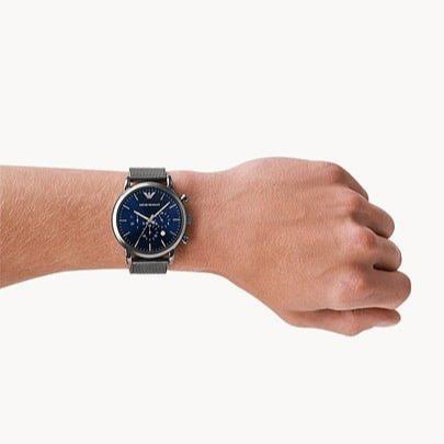Emporio Armani Chronograph Blue Dial Gun Metallic Mesh Bracelet Watch For Men - AR1979 Buy Now By Emporio Armani