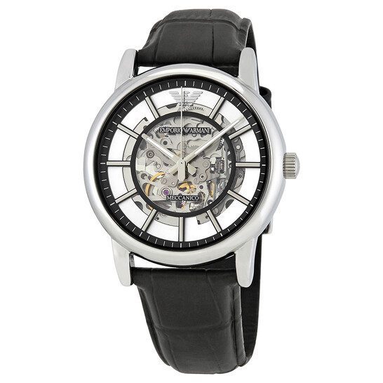 Emporio Armani Luigi Silver Skeleton Dial Black Leather Strap Watch For Men - AR1981 Buy Now By Emporio Armani